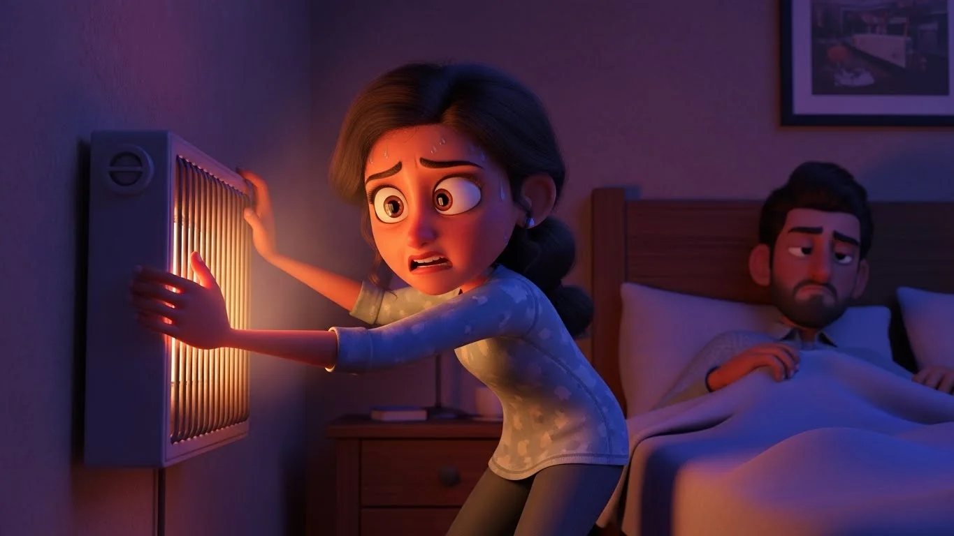 நள்ளிரவில் வியர்வையால் மூழ்கிய பாயல், எரிச்சலுடன் ஹீட்டரை குறைக்கிறாள்.