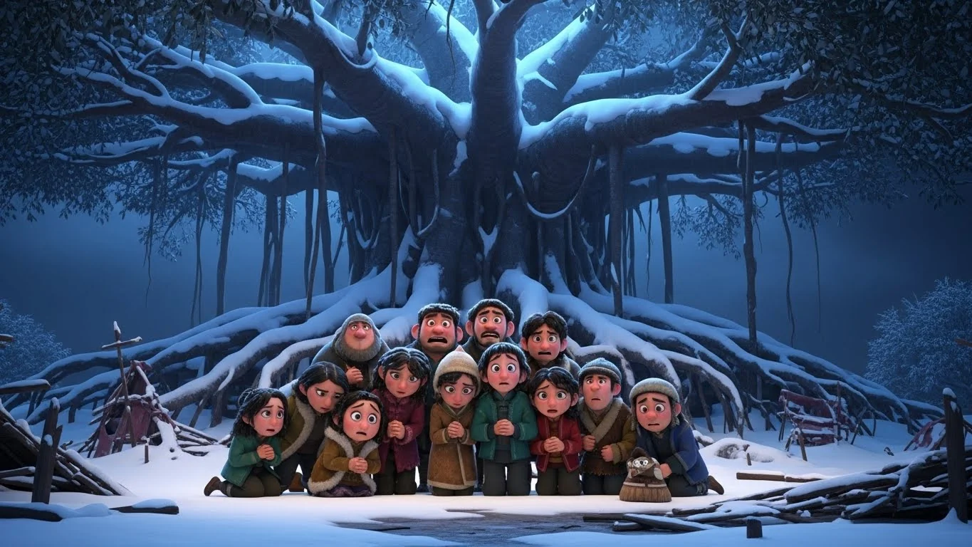 பனிப்புயலால் வீடுகளை இழந்த மக்கள் பிரம்மாண்டமான மரத்தின் அடியில் தஞ்சம் அடைகிறார்கள்.