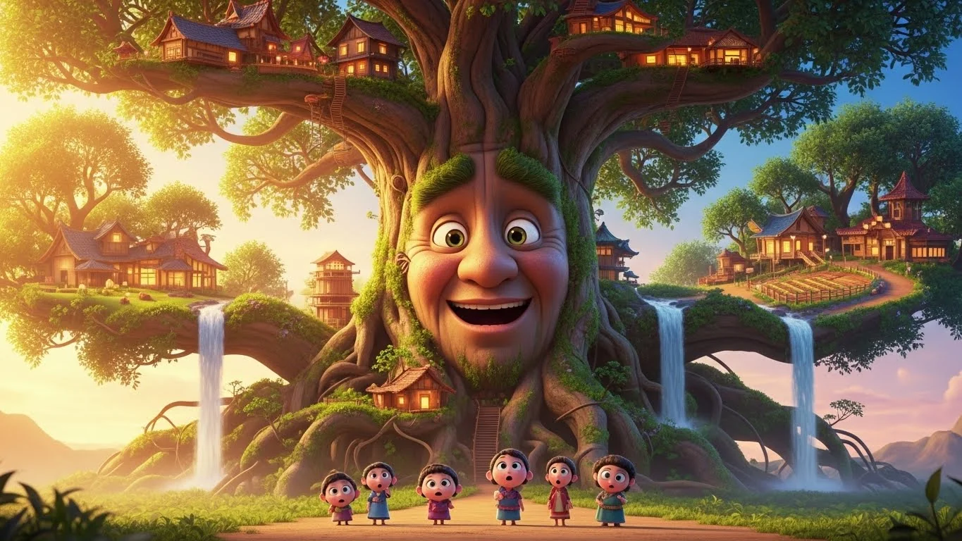 மரக்கடவுள் பிரகாசமான ஒளியில் தோன்றி, தனது கிளையிலேயே மக்களுக்கு வீடுகளை அமைத்துக் கொடுக்கிறார்.