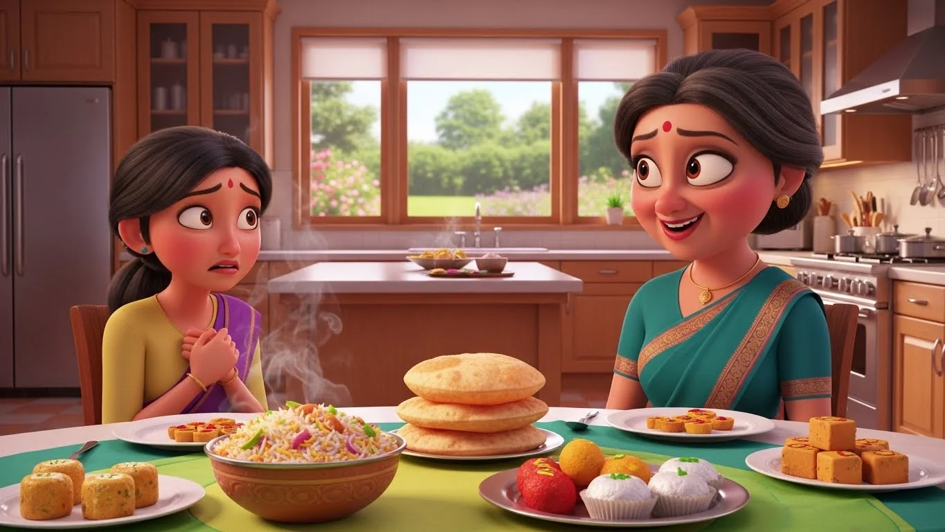 புத்திசாலி அண்ணியார் சமையல் பொறுப்பை மருமகளிடம் ஒப்படைக்கிறார்.