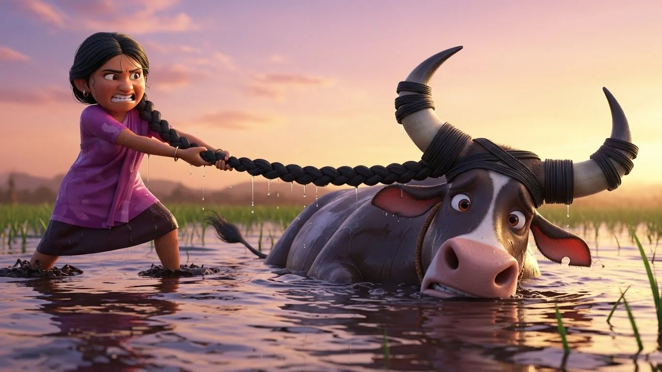 சேற்றில் மாட்டிக்கொண்ட பசுவைக் காப்பாற்ற, தனது நீண்ட சடையைப் பயன்படுத்தி போராடும் கருணையுள்ள ரூபா.