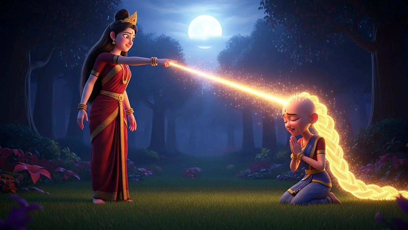 காட்டில், தேவி பார்வதி ரூபாவை ஆசீர்வதித்து, அவளது தலைமுடியை தங்க நிற அதிசய சடையாக மாற்றிய அற்புதமான தருணம்.