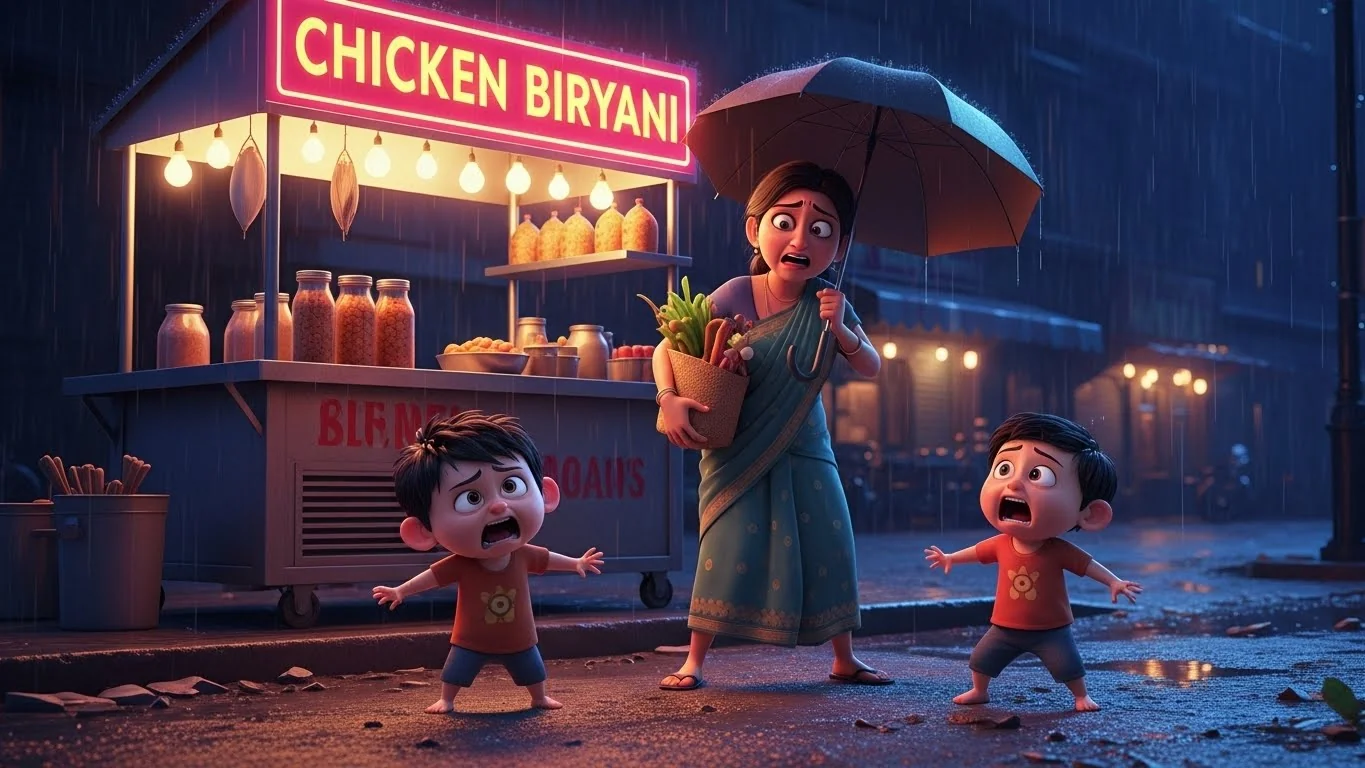 பிரியாணி கேட்டு வீதியில் அழும் குழந்தைகளை கோபத்தில் தாக்கும் தாய்.