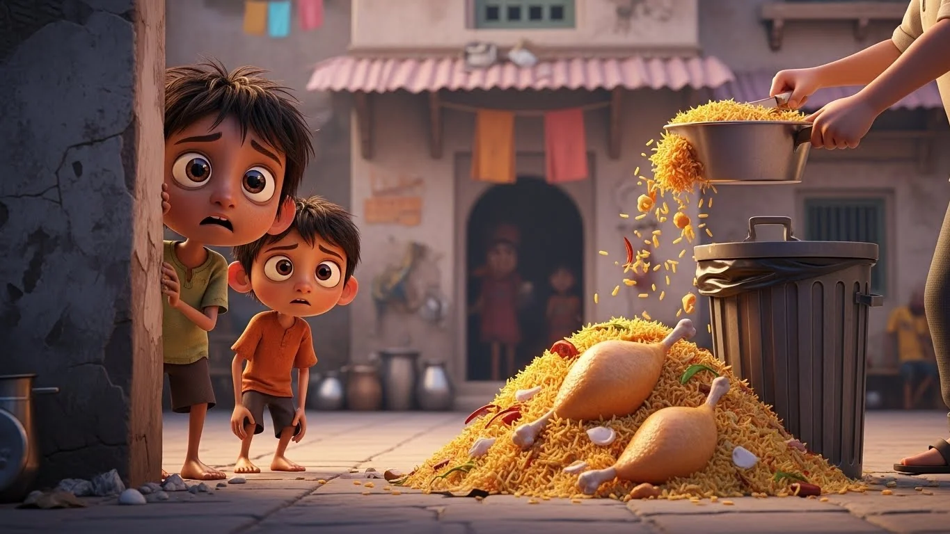 செல்வச் செழிப்பைக் கண்ட குழந்தைகள், வீணாகும் பிரியாணியைக் கண்டு அதிர்ச்சி அடைகிறார்கள்.