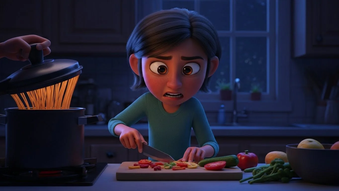 இரவில் குளிர்சாதனப் பெட்டியில் ரகசியமாக உணவுத் தயாரிக்கும் மருமகள் பாயல்.