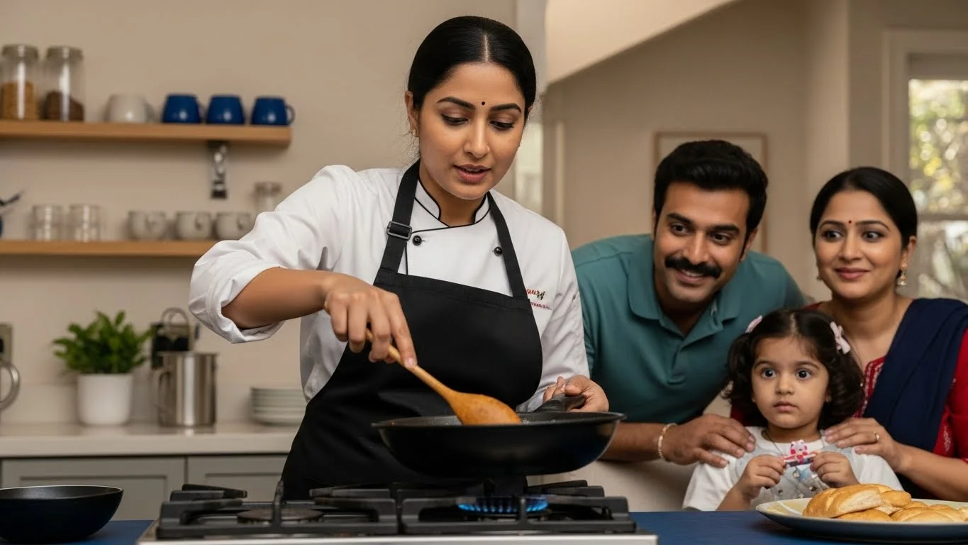 மூன்று பர்னர்களில் ஒரே நேரத்தில் மூன்று உணவுகளை தயாரிக்கும் பாயல்.