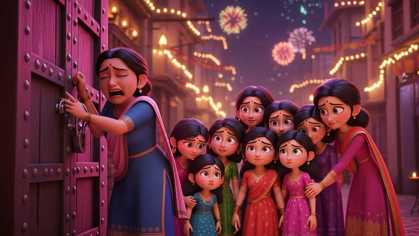 சந்தோஷம் நிறைந்த தீபாவளியின் ஒளியில், காதம்பரியால் வீட்டை விட்டு விரட்டப்பட்ட துர்காவும் அவளது மகள்களும் வீடற்றவர்களாக வெளியேறிச் செல்கின்றனர்.