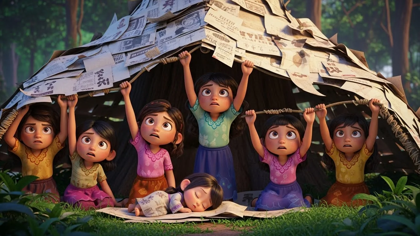 காட்டில் கூரை அமைக்கும் ஏழு சகோதரிகள், காகிதக் கூரையில் புதிய வாழ்க்கை.