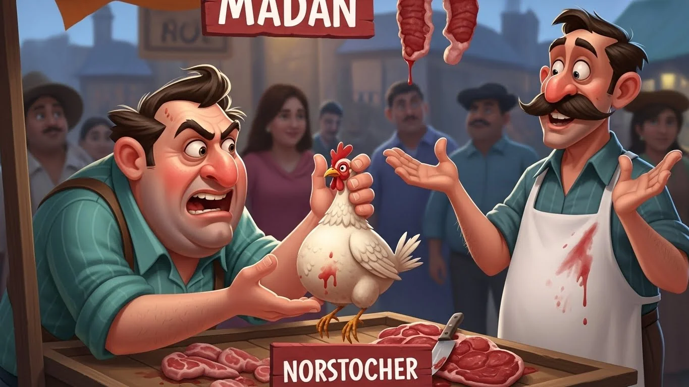 கசாப்புக் கடையில் சாமியார் பாவம் குறித்து எச்சரிக்கிறார்.