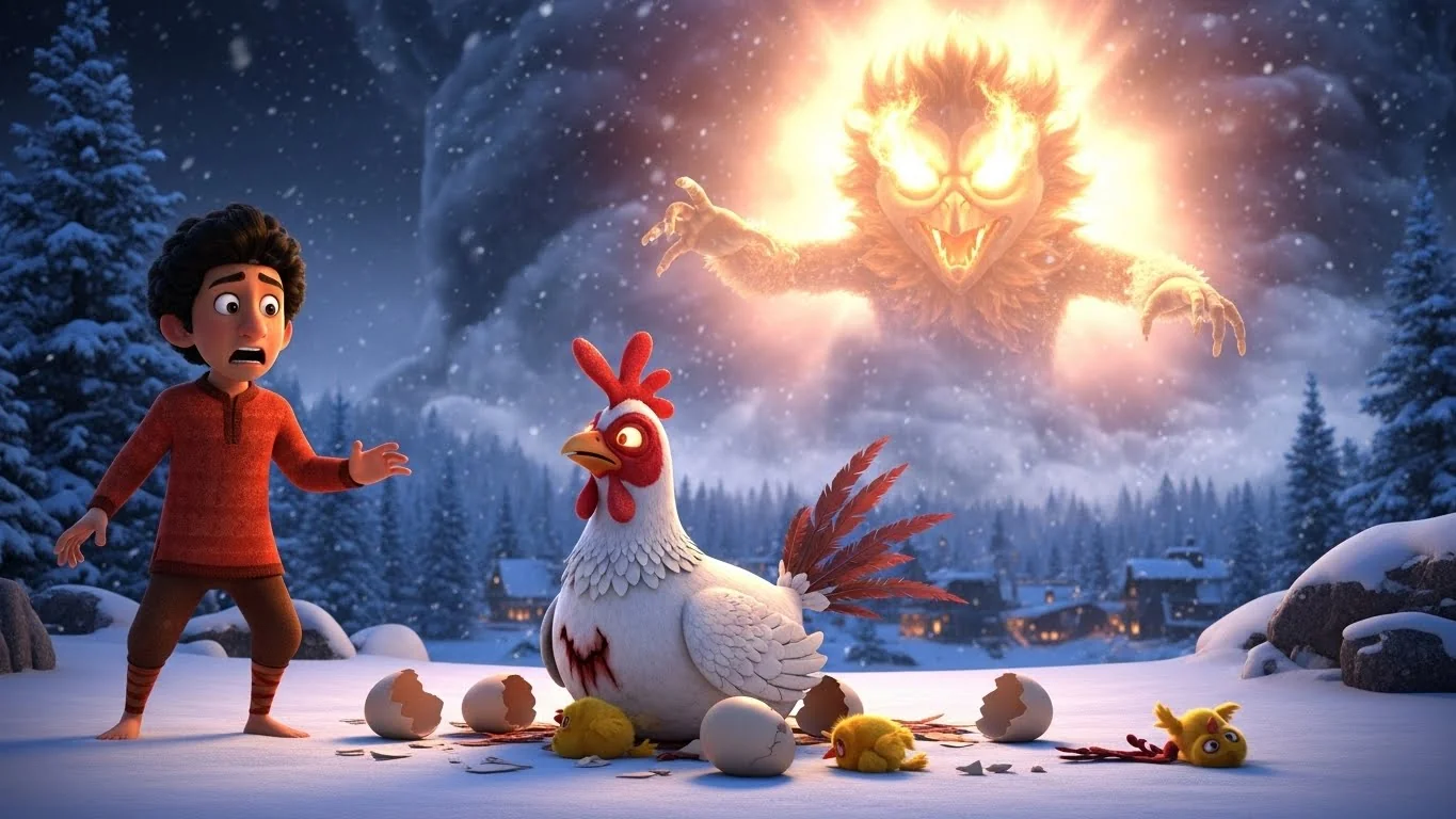 முட்டைகளை உடைத்தபின், பறவை சாபமிட்டு தங்கப் பறவையாக மாறுகிறது.