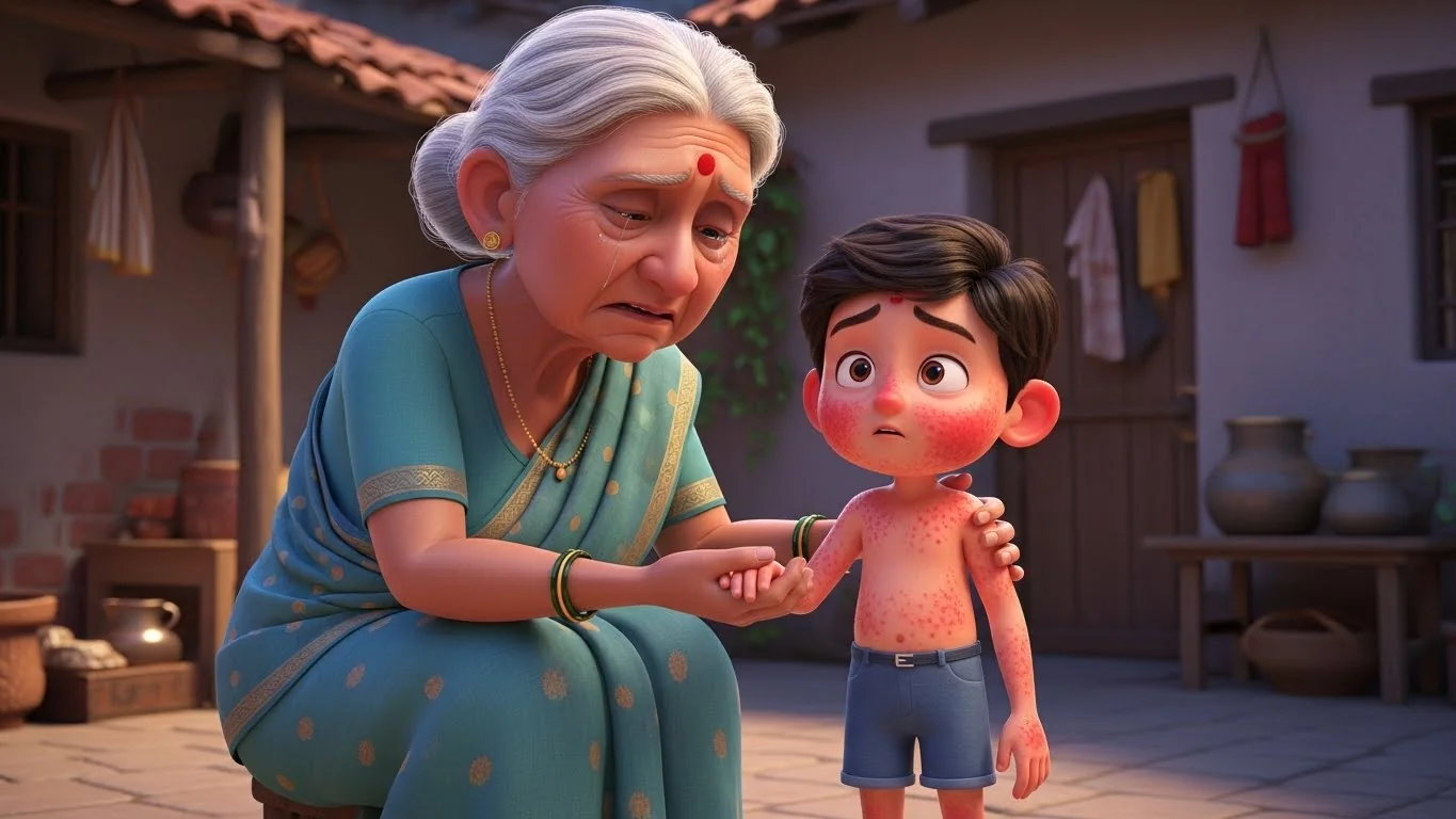 பேரன் உடலில் வெயில் கொப்பளங்கள் கண்டு அழுதல்.