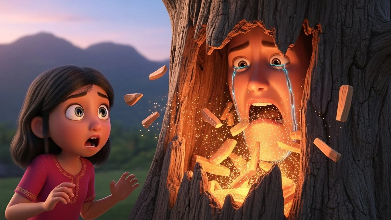 அழுத மரத்திடம் மந்திர மரக்கட்டையைப் பெறுதல்.