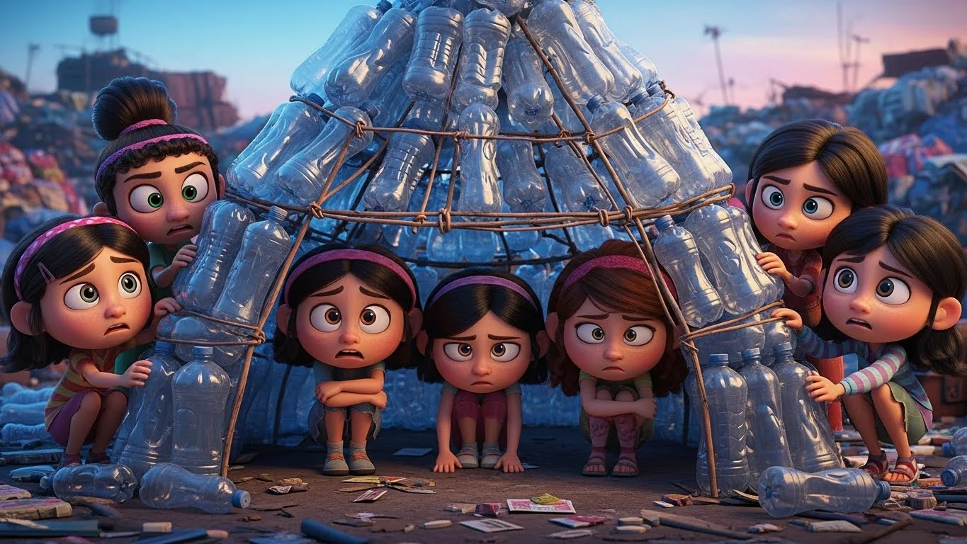 குப்பைக் கிடங்கில் பிளாஸ்டிக் பாட்டில்களைக் கொண்டு வீடு கட்டும் அனாதைச் சகோதரிகளின் தோல்வியும் நம்பிக்கையும்.