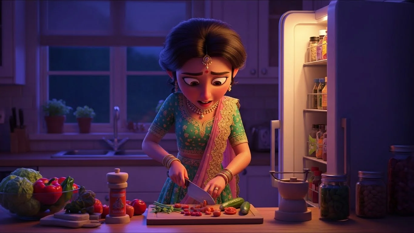 திருமண இரவில் சமையல் தயாரிப்பு: அனைவரும் தூங்கும் போது, புது மருமகள் சிம்ரன் 10 விதமான காய்கறிகளையும் இரகசியமாக வெட்டி சமைக்கத் தயாராகிறாள்.