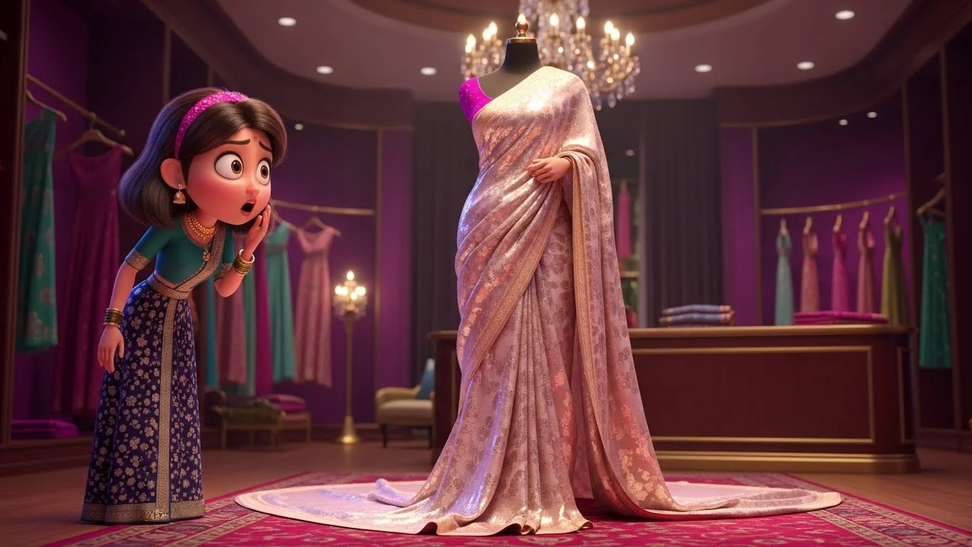 50 மீட்டர் பட்டுப்புடவையைப் பார்த்து 100 மீட்டர் புடவை கனவு காணும் பூஜா.