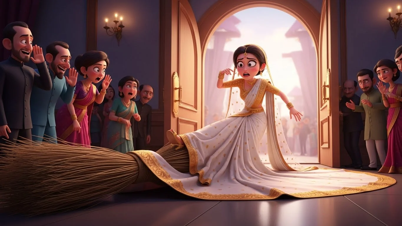 100 மீட்டர் புடவையில் சிக்கி மண்டபம் செல்லும் வழியில் தடுமாறும் மணமகள்.