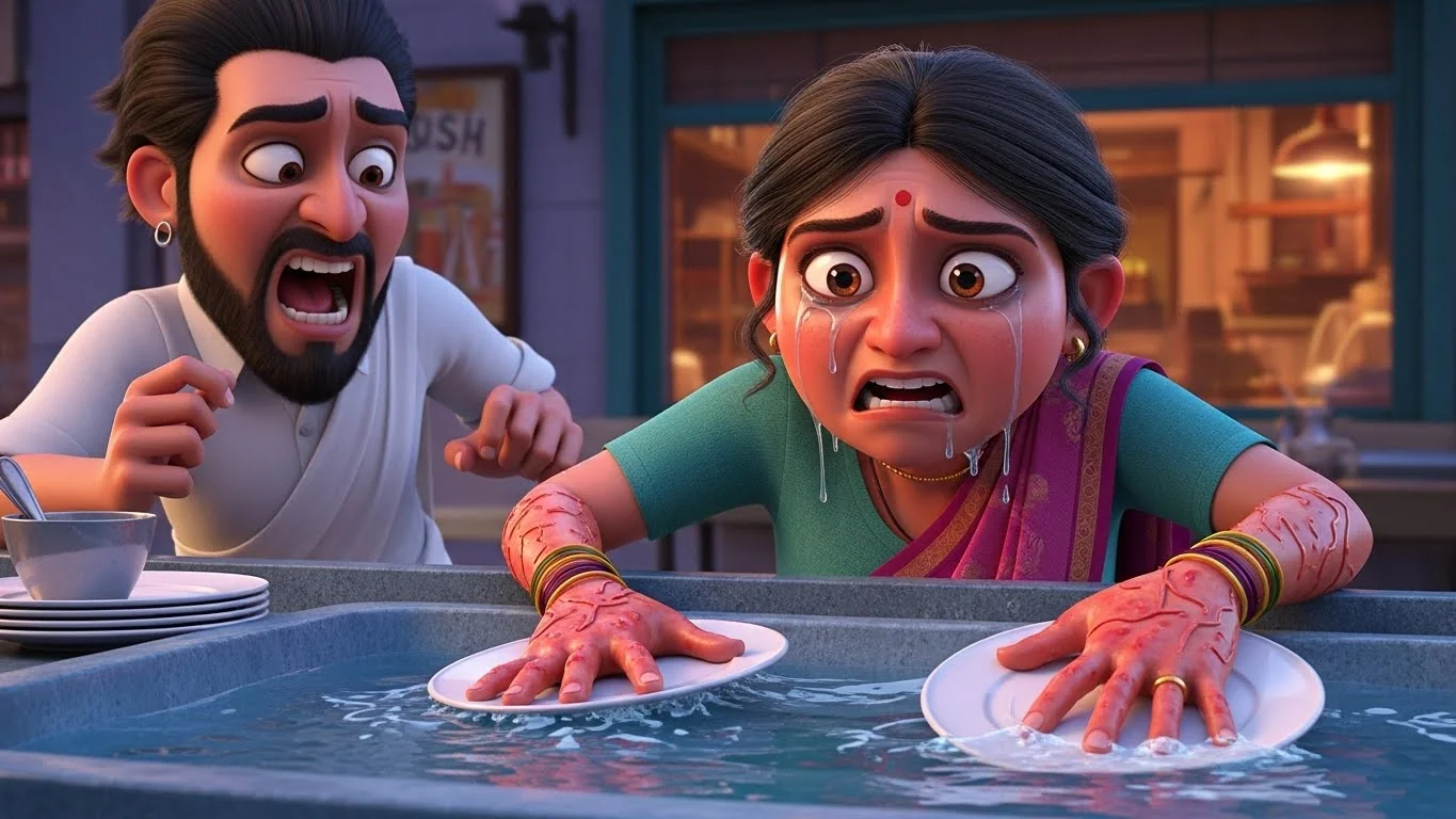 உறைபனி நீரில் பாத்திரம் கழுவும் ஏழைத் தாய், மகள்களின் பசிக்காகப் போராடுகிறாள்.