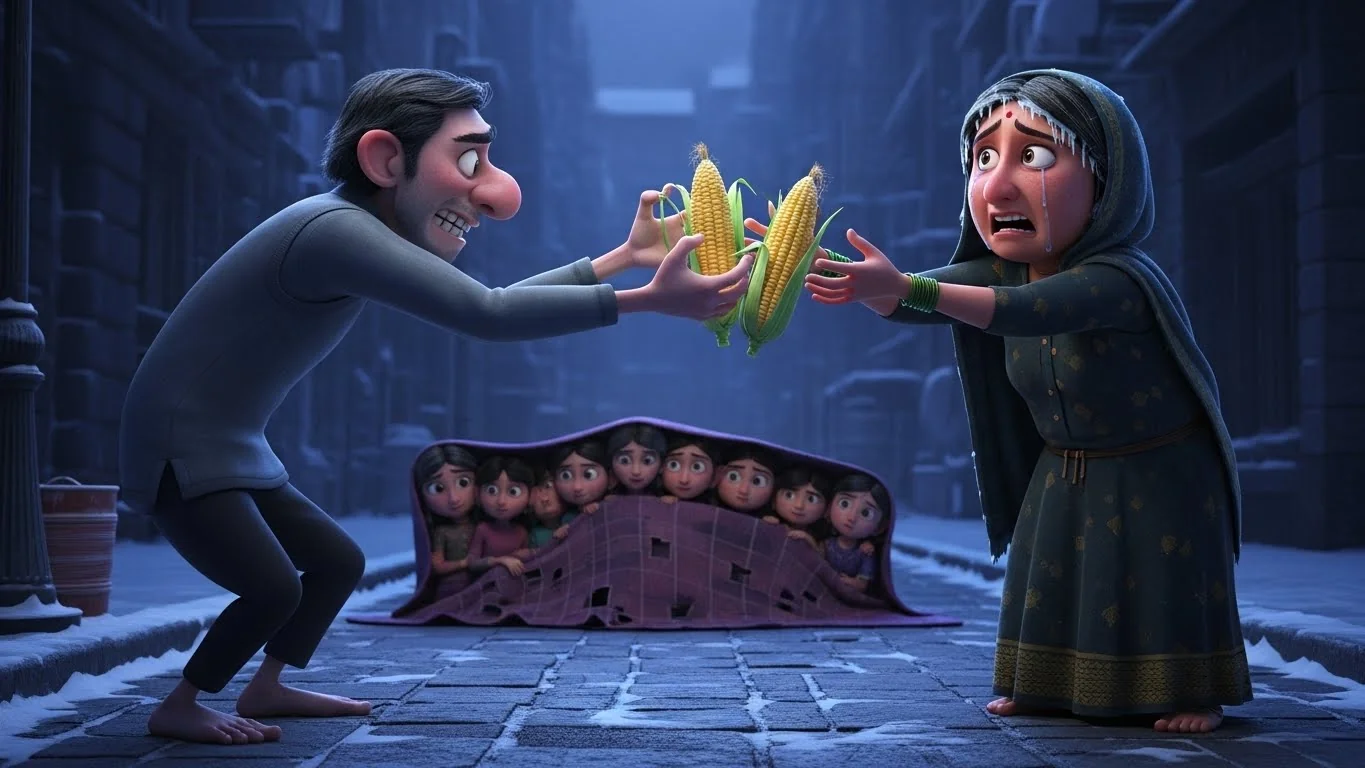 காலியான கைகளுடன் திரும்பும் தாய், பசியுடன் இருக்கும் மகள்கள் ஏமாற்றத்துடன் பார்க்கிறார்கள்.