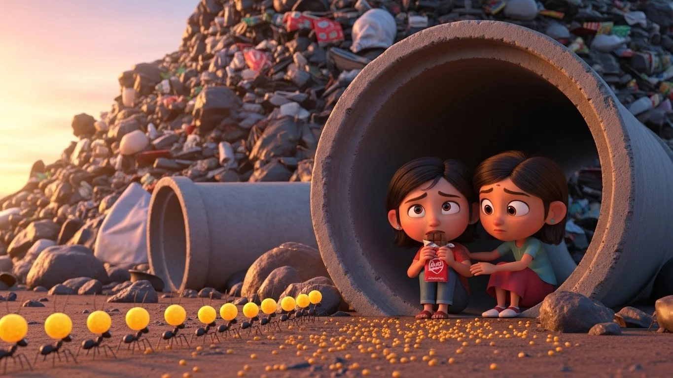 குப்பைக் குழாயில் தங்குமிடம் தேடுதல்.