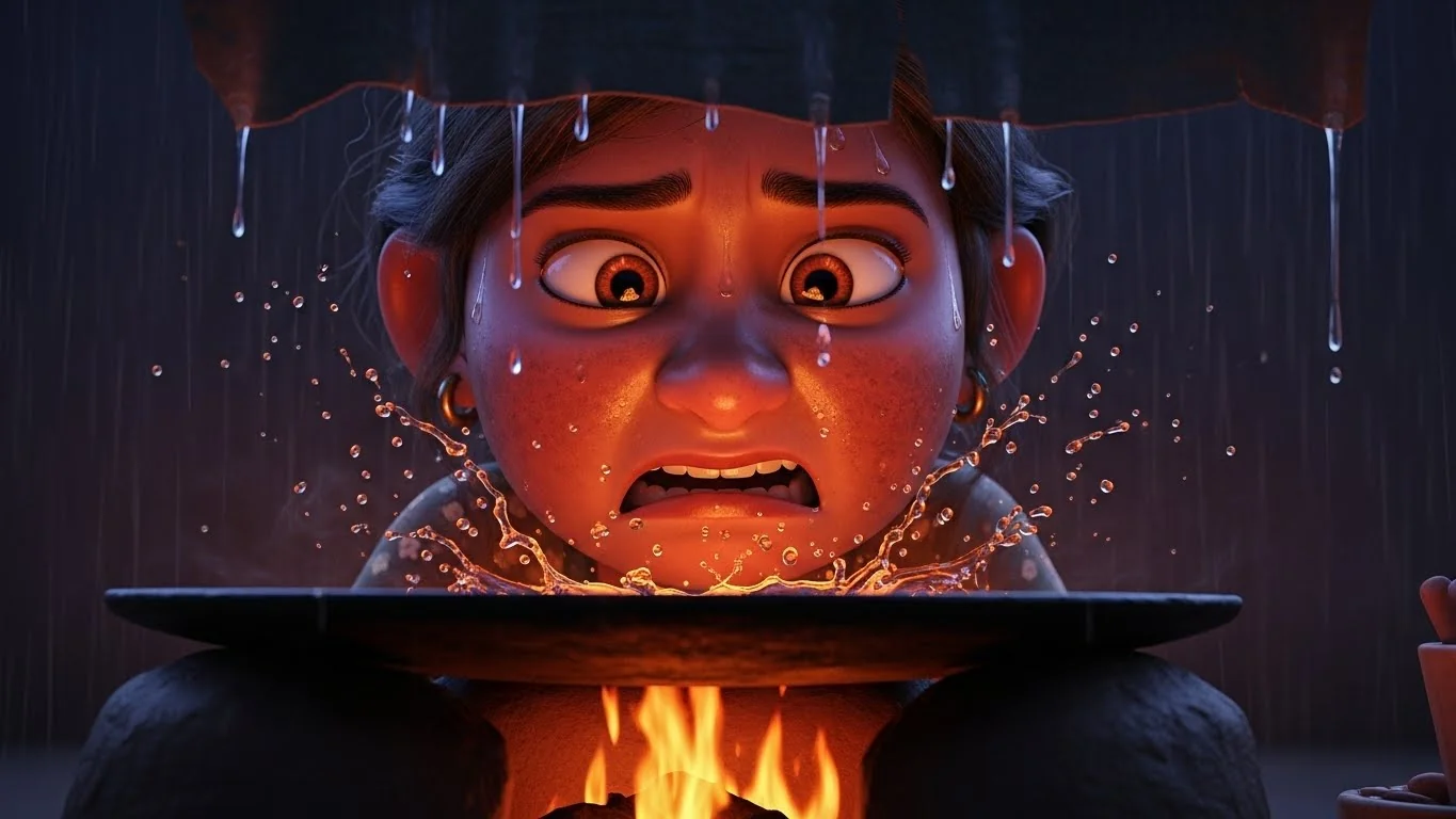 மழை நீர் ஒழுகும் சமையலறையில் சோர்வுடன் சமைத்தல்.