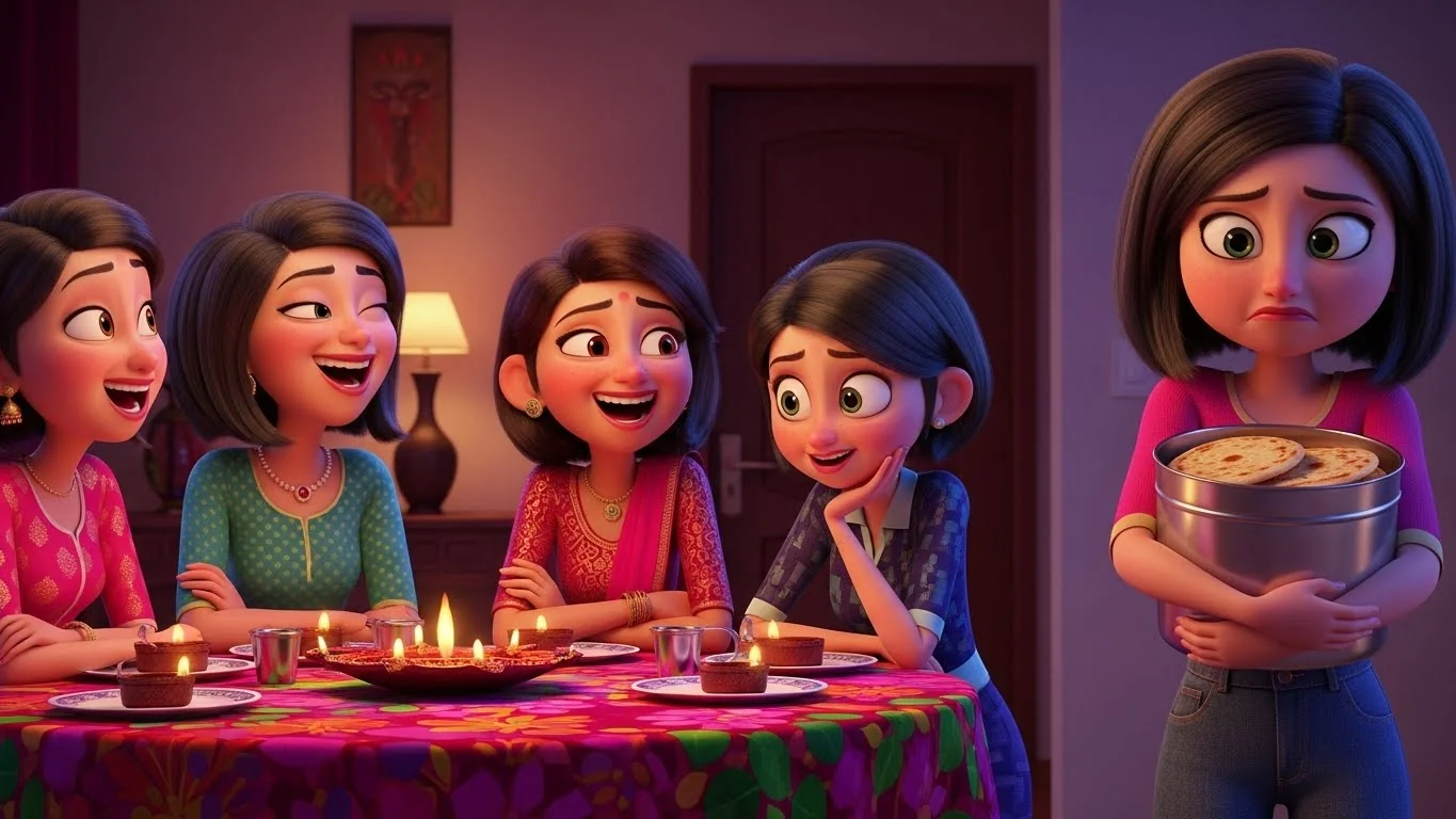 நேஹா கேலியாக சிரிக்க, தன் கையால் செய்த உணவை யாரும் ஏற்காததால் சுமன் அவமானத்துடன் நிற்பது.