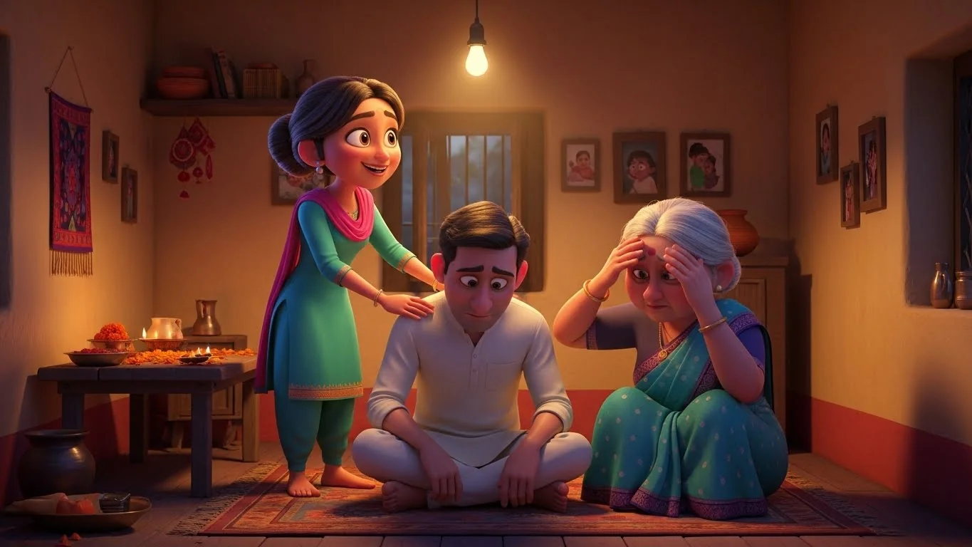 சாதாரண வீட்டில், சூழ்நிலை கவலைக்கிடமாக இருந்தாலும், பணத்தை விட மகிழ்ச்சியே முக்கியம் என்று பாயல் தன் குடும்பத்தினருக்கு ஆறுதல் அளிக்கிறாள்.