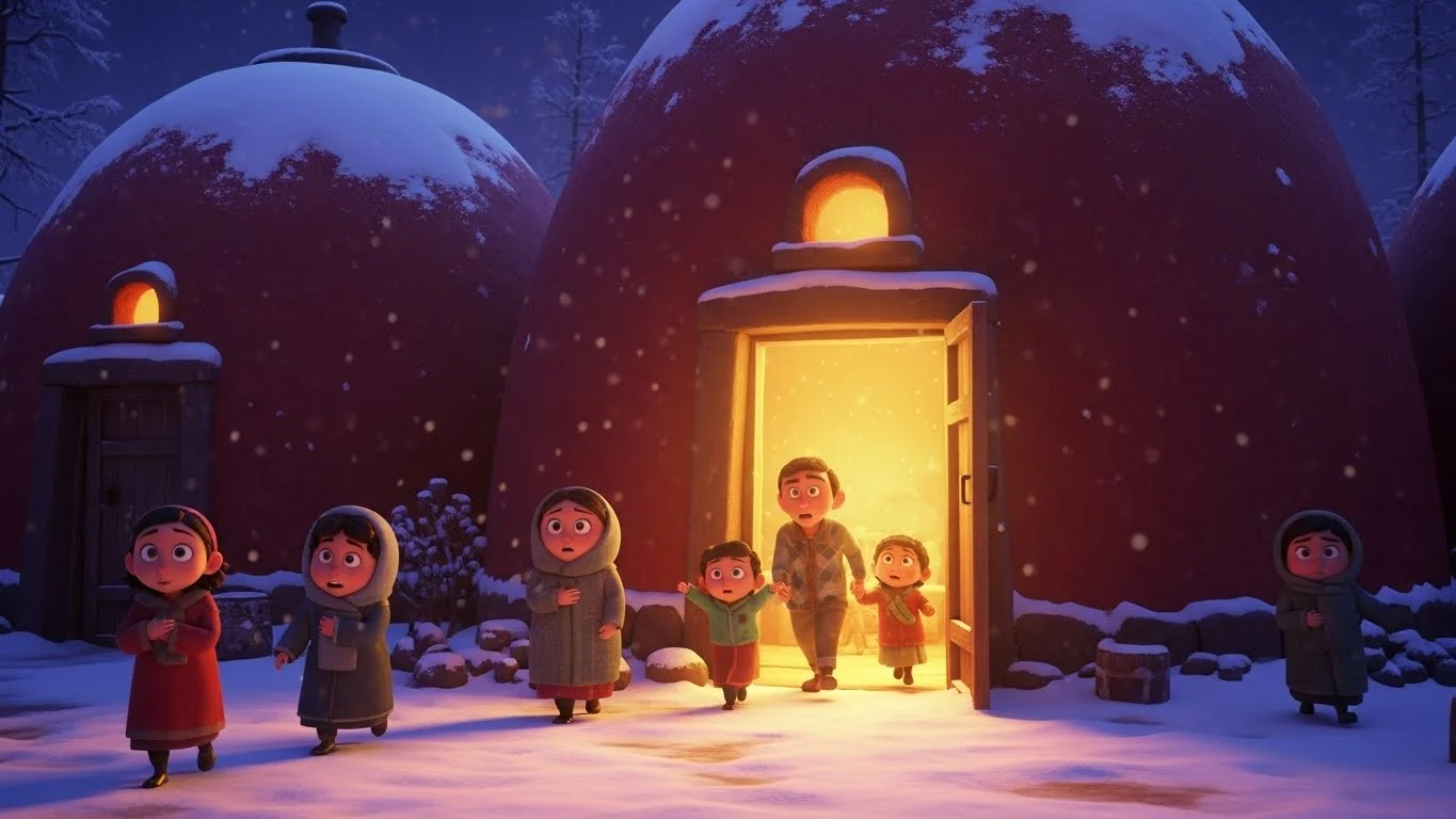 ஒட்டுமொத்த கிராமமும் பிரமாண்டமான தந்தூர் வடிவ வீடுகளாக மாறி, வெப்பத்தால் பிரகாசிக்கிறது.