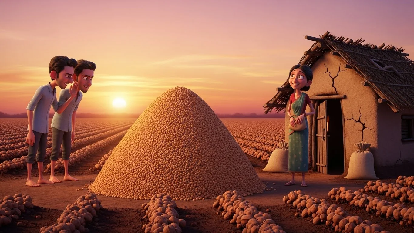 அறுவடை ஆன வேர்க்கடலைக் குவியலுக்கு மத்தியில், பொறாமை கொண்ட விவசாயிகள் கஞ்சனைப் பார்க்கிறார்கள். கஞ்சன் தன் சிறிய குடிசையின் அருகில் தன் உழைப்பின் பலனைக் கண்டு மகிழ்கிறாள்.