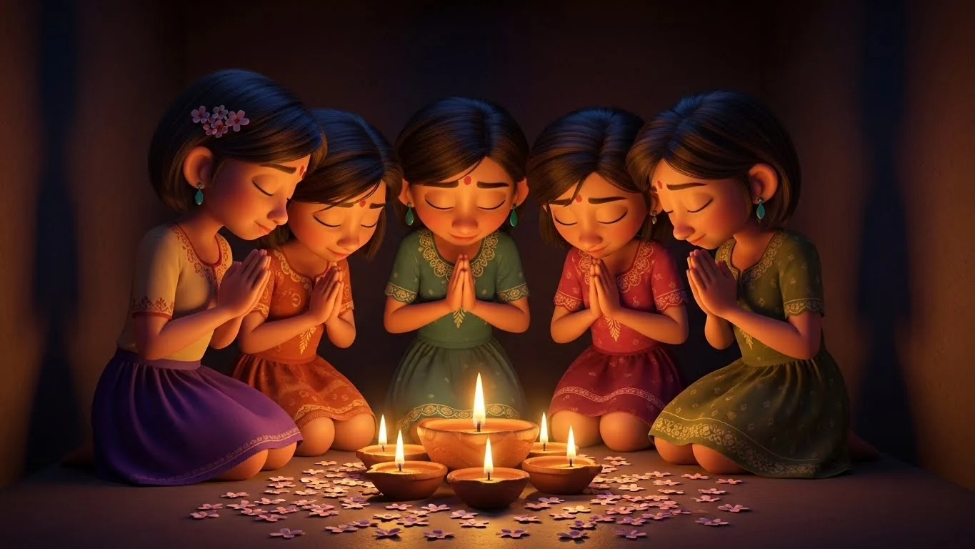 கிழிந்த துணிகளால் அலங்கரித்து, சிறு தீபங்களை ஏற்றி, தங்கள் சொந்த தீபாவளியை கொண்டாடும் நான்கு சகோதரிகள்.