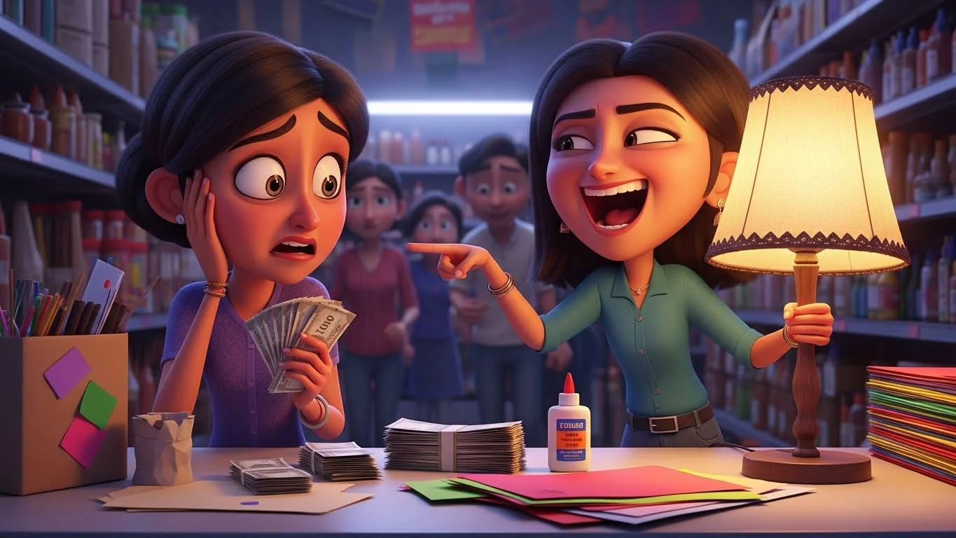 காகிதக் கடையில் ஏழையின் பொருட்களைப் பார்த்துப் பணக்காரியின் கேலி.