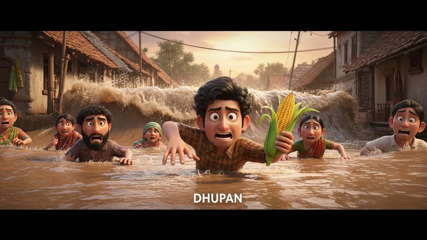 பெருமழையும் வெள்ளமும் கிராமத்தை அழிக்கும் கோரக் காட்சி.