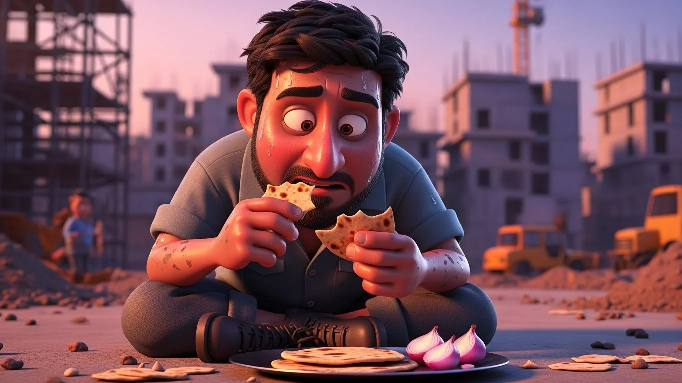 உழைப்பால் நனைந்த ரோஹான், உப்புடன் காய்ந்த ரொட்டியைச் சாப்பிடுகிறான்