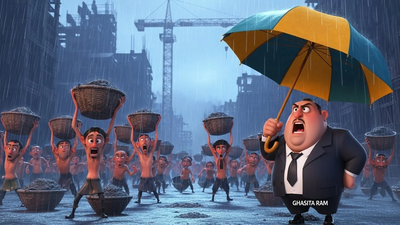 மழையில் நனைந்து வேலை செய்யும் ஏழைத் தொழிலாளர்கள்.