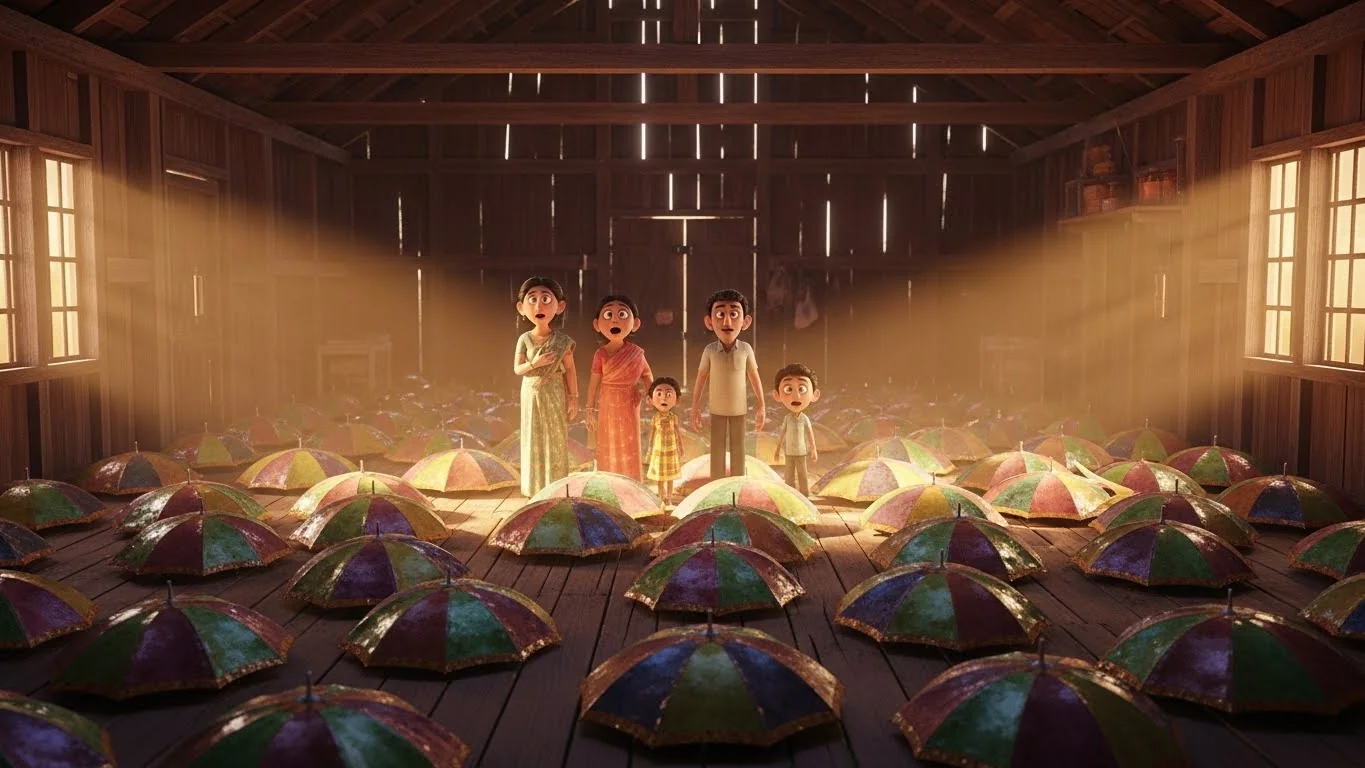 விடியற்காலையில் வீடெங்கும் நிறைந்திருந்த குடைகள்.