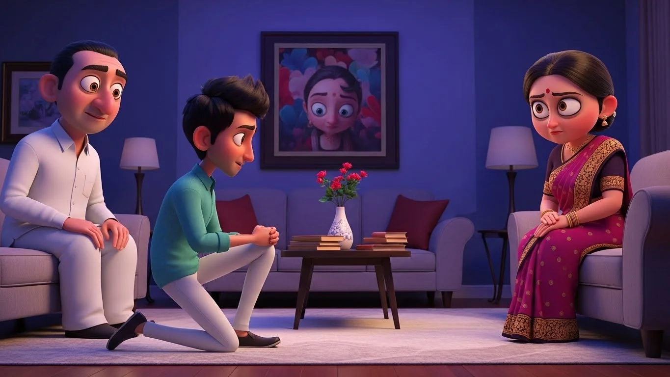 வரவேற்பறையில், மகன் விராஜ் தனது காதல் திருமண முடிவை அறிவித்ததால், அதிர்ச்சியில் உறைந்துபோன தாய் சுலோச்சனா தேவி.