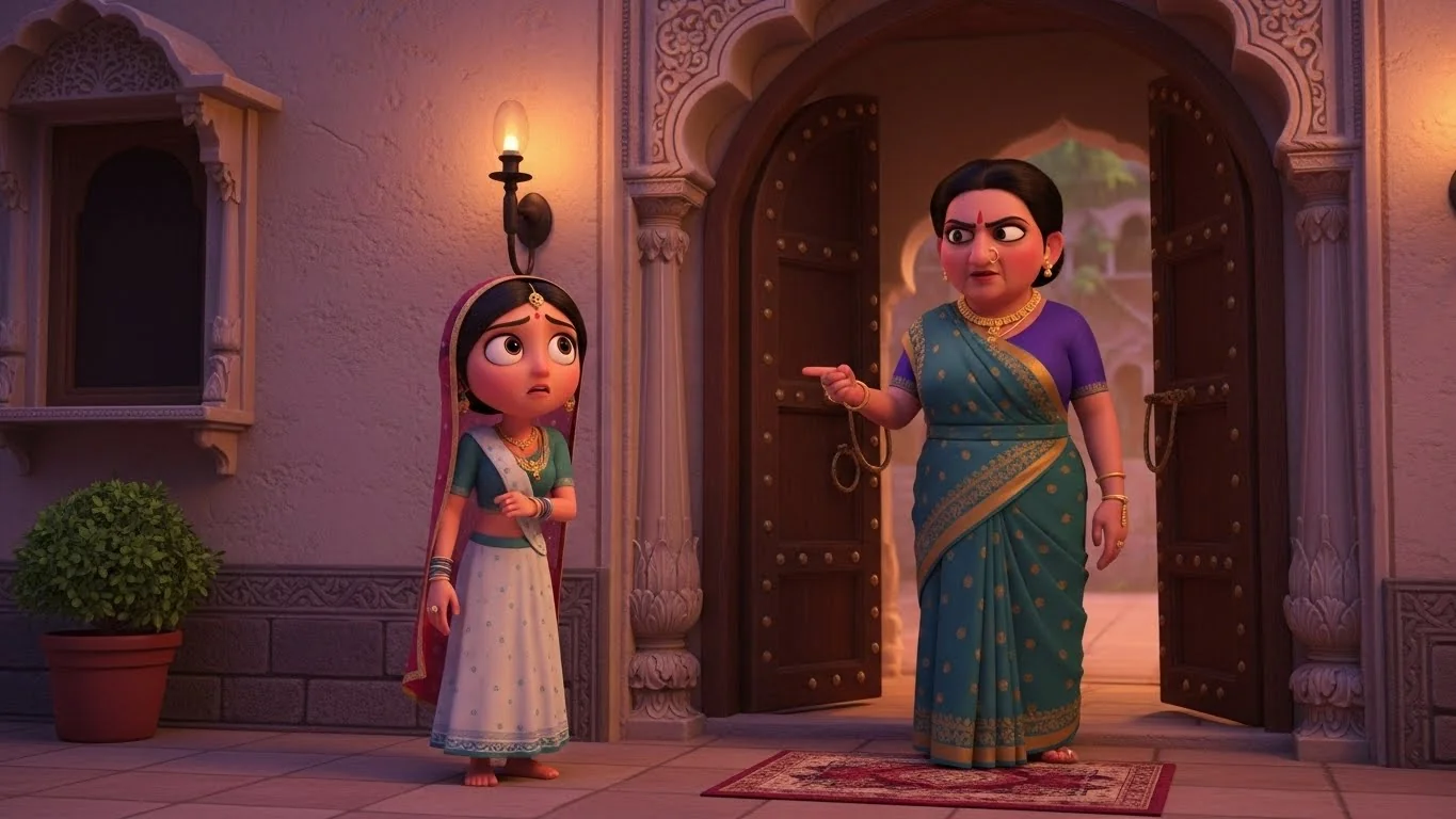 பாரம்பரியமான மாளிகையின் வாசலில், எளிமையான திருமண உடையில் நிற்கும் நிபா. பழமையான சடங்குகள் மற்றும் கண்டிப்பான மாமியாரைக் கண்டு அவள் குழப்பமடைகிறாள்.