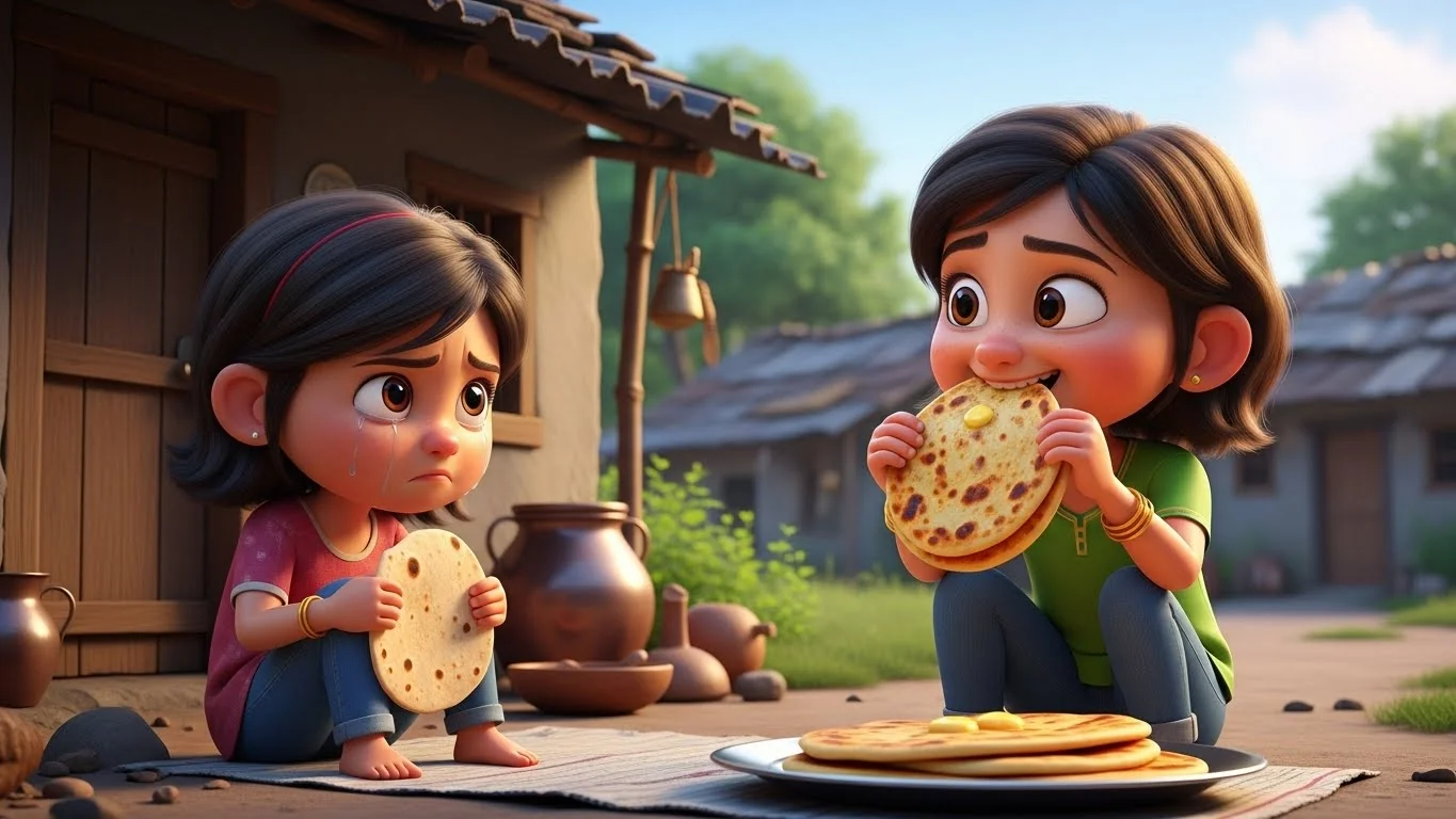 வெறுமையான ரொட்டியுடன், அடுத்த வீட்டுப் பெண்ணின் பராத்தாவைப் பார்க்கும் பிங்கி.