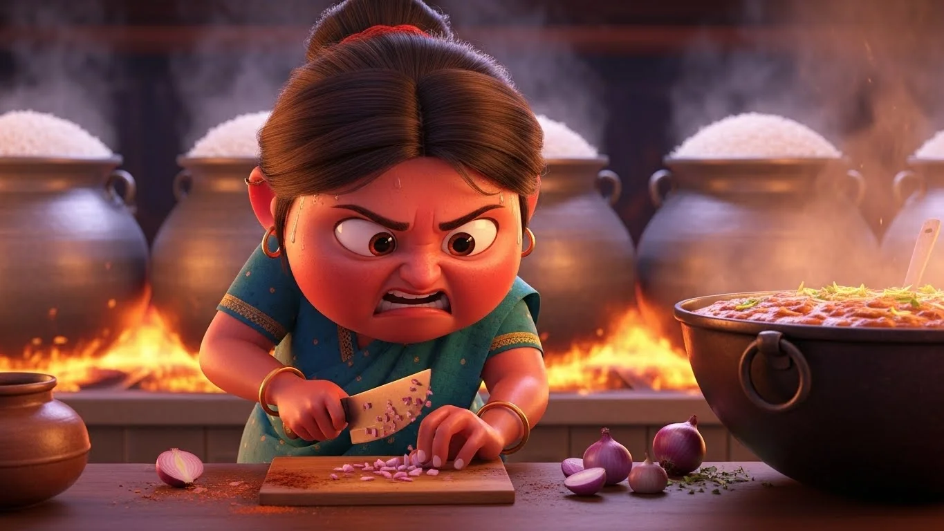 கோபத்தில் வெங்காயம் வெட்டும் மருமகள்.