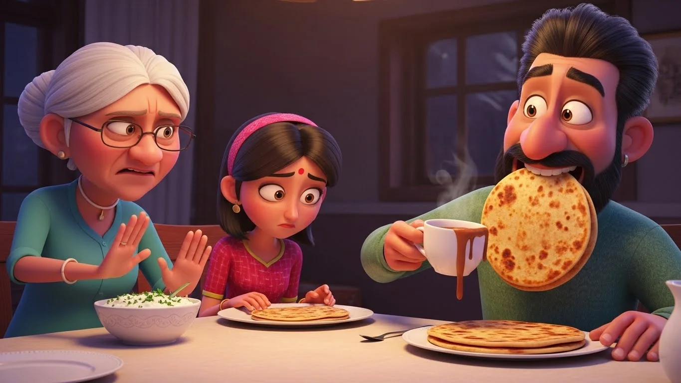 உறவினர்கள் தங்கள் மென்மையான தேநீர் பரோட்டாவை அனுபவித்து சாப்பிடுகிறார்கள். பாட்டி சளி பிடிக்கும் என்று கூறி, மெத்தி ராய்தாவை சாப்பிட மறுக்கிறாள். இனிமேல் தினமும் பரோட்டாதான் தேவை என்று அறிவிக்கிறாள்.