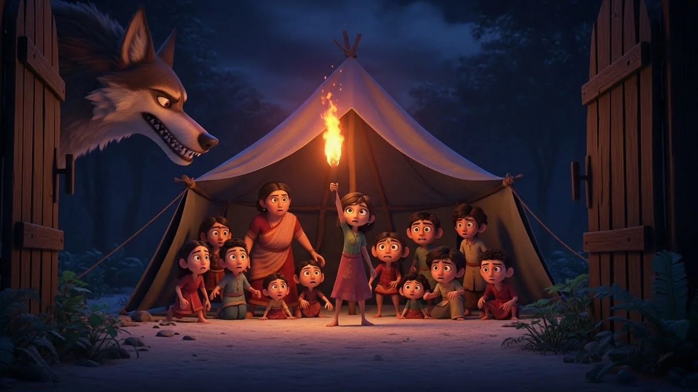 காட்டு விலங்குகளிடம் இருந்து புதிதாக கண்டுபிடிக்கப்பட்ட ஆறு அனாதைகளை பாதுகாக்கும் போது, தீப்பந்தத்துடன் ஓநாய் தாக்கும் காட்சி.