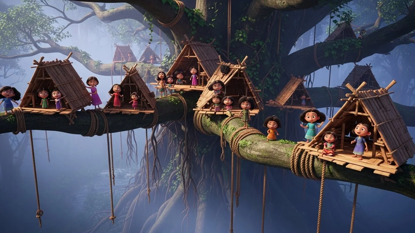 அபாயகரமான காட்டின் குளிரிலிருந்து பாதுகாப்பிற்காக 16 மகள்களுடன் பெரிய அத்தி மரத்தில் வீடு கட்டி குடியேறும் தாய்.