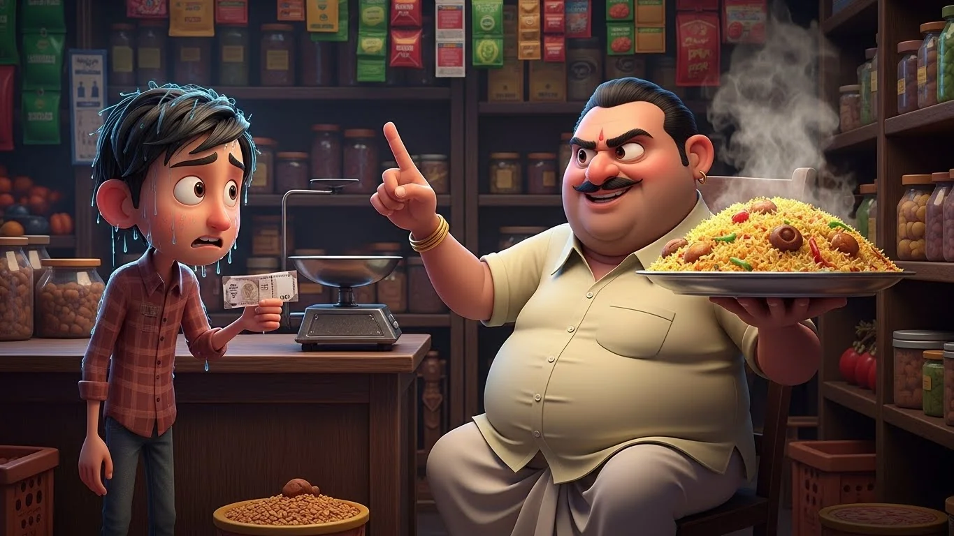 பிரியாணி உண்ணும் மளிகை கடைக்காரரின் ஏளனம் மற்றும் மகேஷின் அவமானம்.