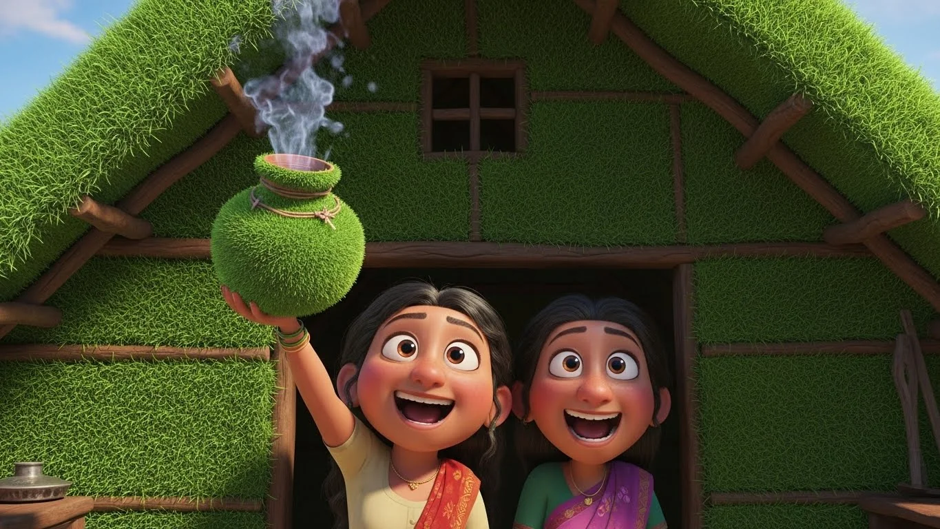 புல் படுக்கை வீட்டில் மகிழ்ச்சி பரவுகிறது; தண்ணீர் ஐஸ் போல குளிர்ந்தது.