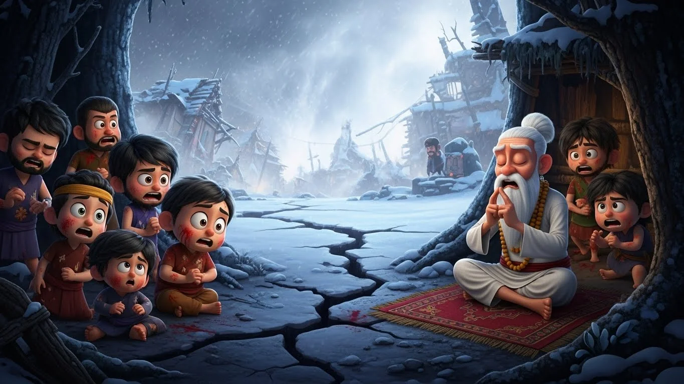 நிலநடுக்கத்திற்குப் பின் பனியில் தவிக்கும் கிராம மக்கள்; மந்திரம் ஓதும் பாபா.