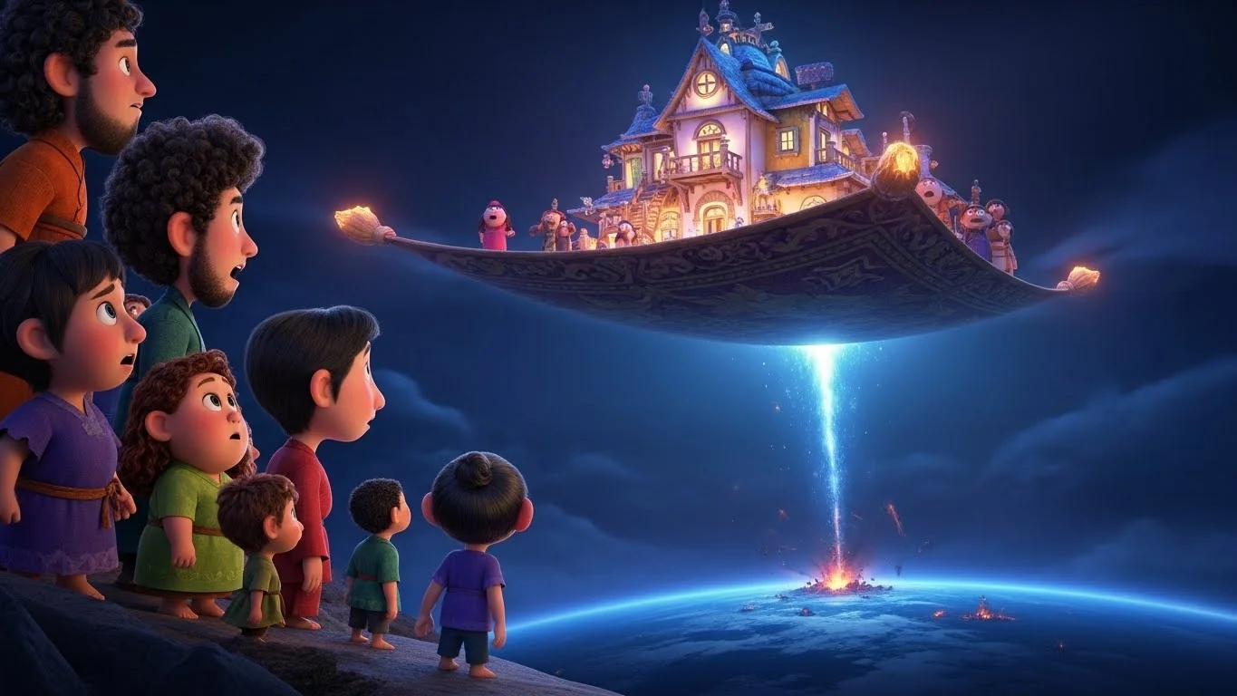 பாபா ஏவிய மாயக் கம்பளம், கிராமத்தை சுமந்து வானில் பறக்கிறது.