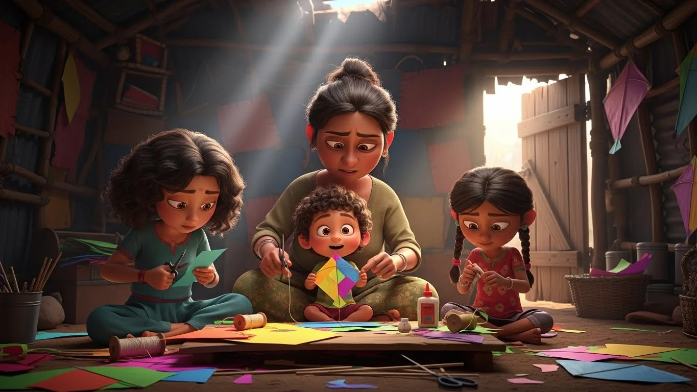 15 ஆகஸ்ட் விற்பனைக்காக குடும்பம் இரவில் பட்டம் தயாரித்தல்.