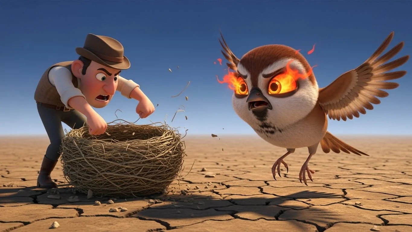 வேட்டைக்காரர்களின் கொடுமையால் குருவியின் கூண்டு அழிக்கப்பட்டு, கிராமத்தின் மீது சாபம் விழுகிறது.