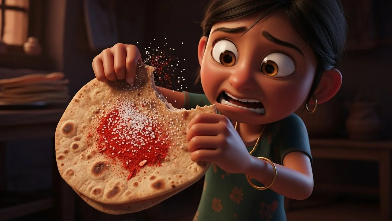 பசியுடன், பழைய ரொட்டி மற்றும் மிளகாயை சாப்பிடும் நிபா.