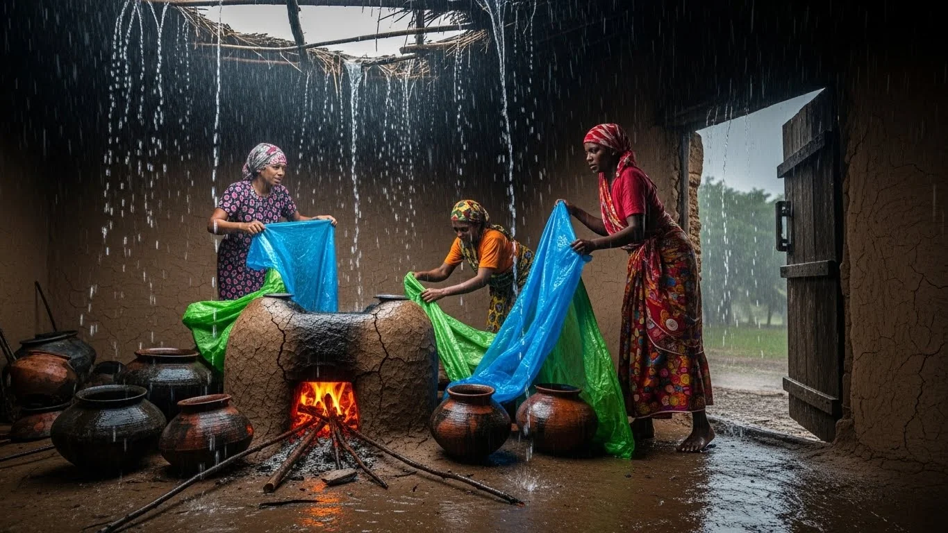 ஓட்டுக் கூரையிலிருந்து மழைநீர் சொட்டுதல், அடுப்பைப் பாதுகாத்தல்.