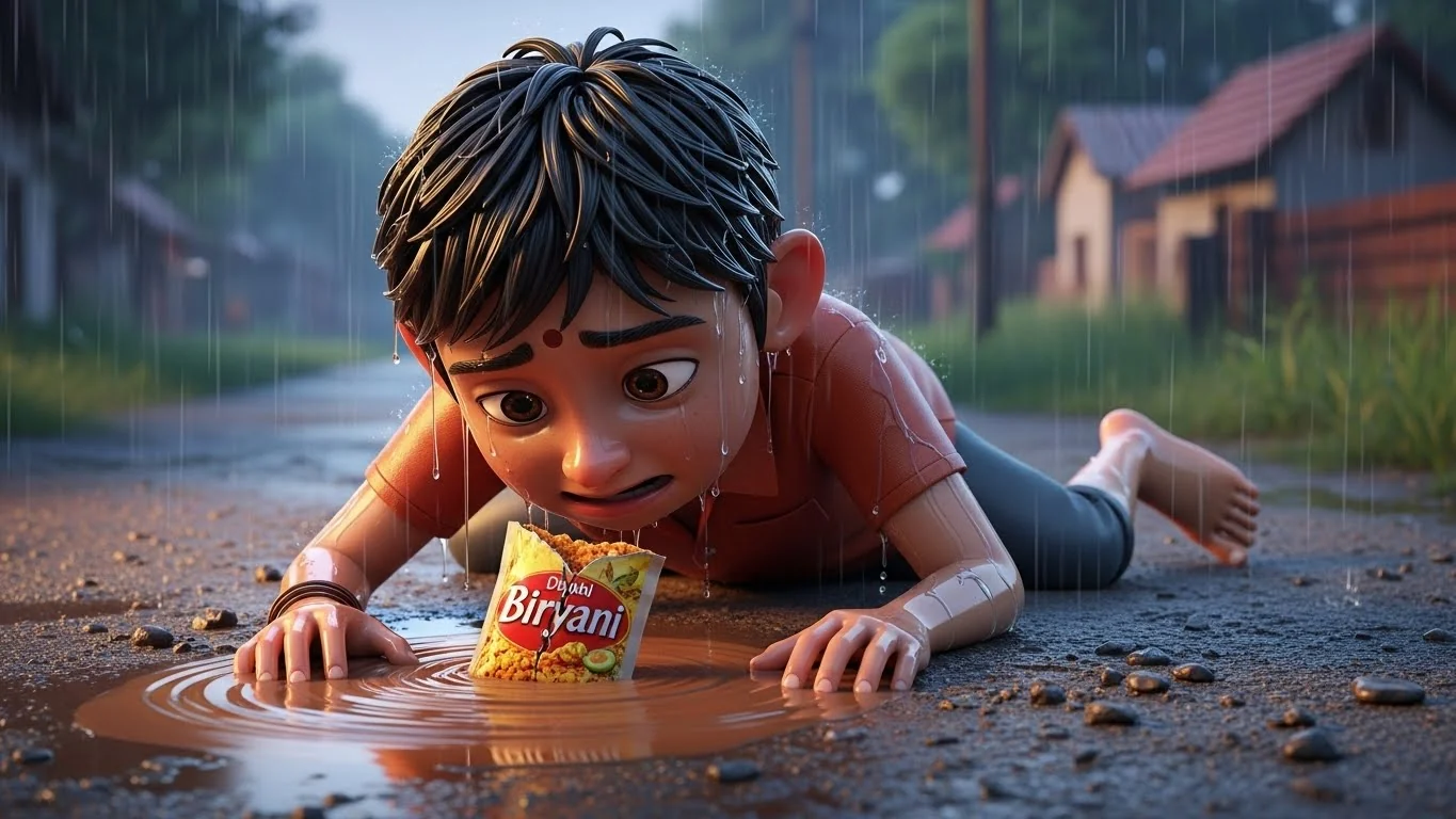 மழை வெள்ளத்தில் பிரியாணி சிதறி தரையில் விழுதல்.